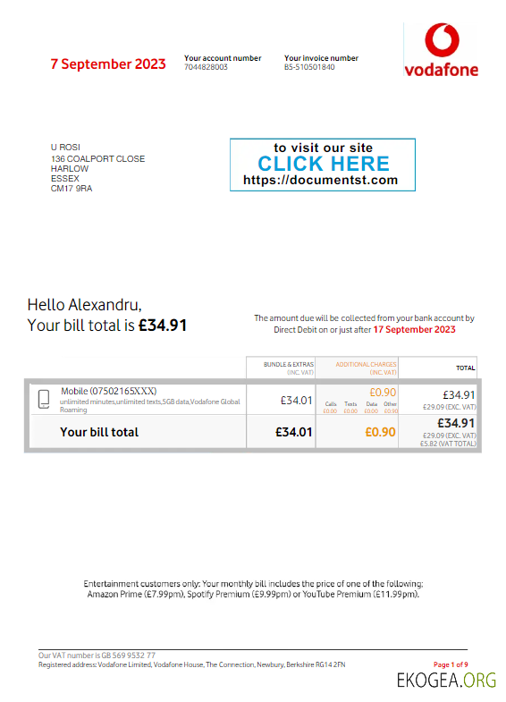 United Kingdom vodafone utility bill word and pdf template